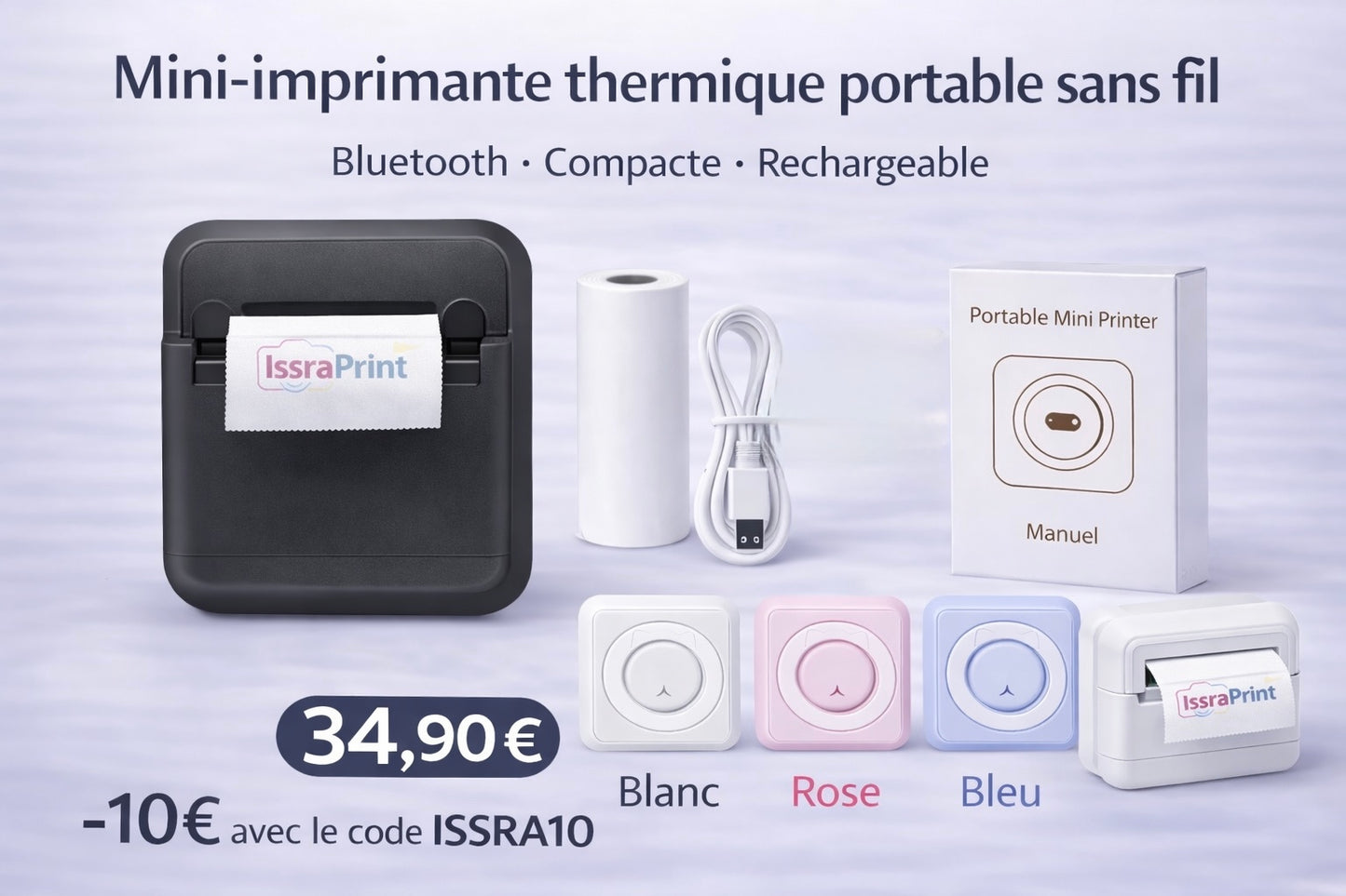 🖨 IssraPrint™ – Mini Imprimante Thermique Portable Sans Fil Bluetooth + 5 Rouleaux Offerts 🎁