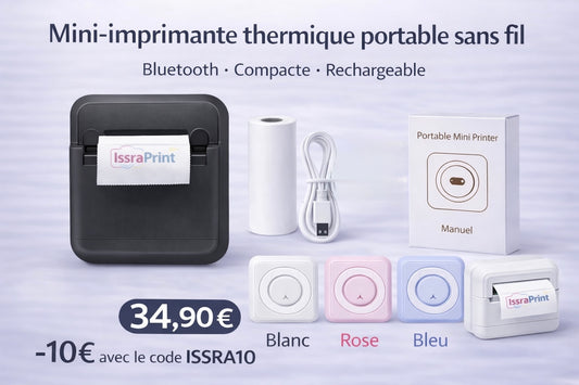 🖨 IssraPrint™ – Mini Imprimante Thermique Portable Sans Fil Bluetooth + 5 Rouleaux Offerts 🎁